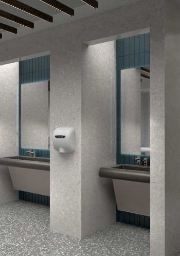 Sensor hand dryer in contex, public restroom